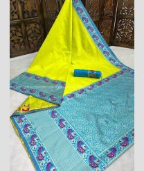 Acid Green and Blue color Kora handloom saree with thread weaving with contrast peacock weaving border design -KORS0000085