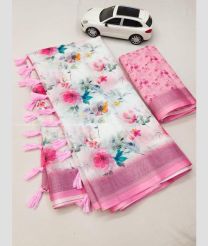 Half White and Rose Pink color linen sarees with all over digital printed with silver jari border design -LINS0003540