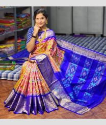 Dark orange and Blue color pochampally ikkat pure silk handloom saree with pochampalli ikkat with kanchi border saree design -PIKP0016734