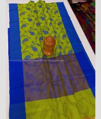 Leafy Green and Blue color Chenderi silk handloom saree with all over jill checks and printed design -CNDP0014020