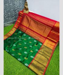 Pine Green and Red color Kollam Pattu handloom saree with all over buties design -KOLP0001773