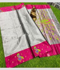 Grey and Pink color Uppada Tissue handloom saree with all over printed design -UPPI0001478