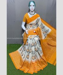 White and Mango Yellow color pochampally Ikkat cotton handloom saree with all over pochampally ikkat design -PIKT0000506