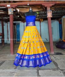 Yellow and Royal Blue color Ikkat Lehengas with pochampalli border design -IKPL0000780