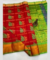 Red and Green color Kollam Pattu handloom saree with big stripes saree design -KOLP0000735