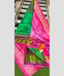 Green and Rose Pink color Uppada Soft Silk handloom saree with pochampalli design -UPSF0004101