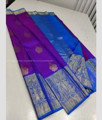 Purple and Blue color kanchi pattu handloom saree with hand weaven saree with 2g pure jari traditional partten design -KANP0011805