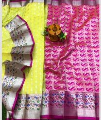 Mustard Yellow and Pink color Chenderi silk handloom saree with all over silver buties with paithani border design -CNDP0016075