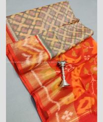 Grey and Orange color Ikkat sico handloom saree with All over Pochampally design-IKSS0000148