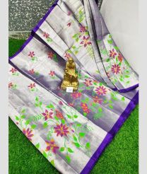 Silver and Purple color Uppada Cotton handloom saree with printed design saree -UPAT0003069