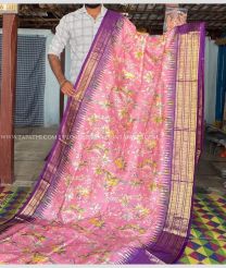 Rose Pink and Purple color pochampally ikkat pure silk handloom saree with all over digital floral printed design -PIKP0022162