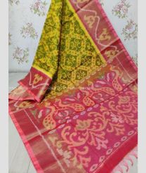 Mustard Yellow and Pink color Ikkat sico handloom saree with pochampalli ikkat design -IKSS0000311