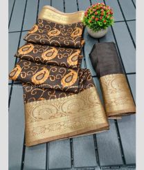 Chocolate and Bisque color linen sarees with heavy jacquard border design -LINS0003005