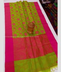 Leafy Green and Pink color Chenderi silk handloom saree with all over jill checks and printed design -CNDP0014021