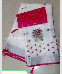 White and Pink color linen sarees with all over embroidery work design -LINS0003766
