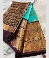 Turquoise and Chocolate color mangalagiri pattu handloom saree with kuppadam border design -MAGP0026555