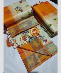 Cream and Orange color Tripura Silk handloom saree with kaddy border design -TRPP0008580
