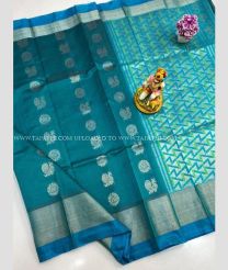 Teal and Blue Turquoise color Kollam Pattu handloom saree with all over checks and buties design -KOLP0001714