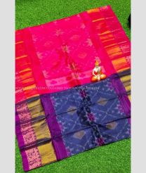 Pink and Navy Blue color Uppada Soft Silk handloom saree with all over pochampally with kanchi border design -UPSF0003910