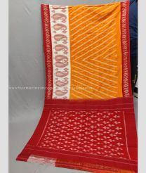 Orange and Red color pochampally Ikkat cotton handloom saree with pochampalli ikkat design -PIKT0000784