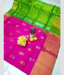 Pink and Parrot Green color uppada pattu handloom saree with all over buties and checks with kaddi border design -UPDP0021176