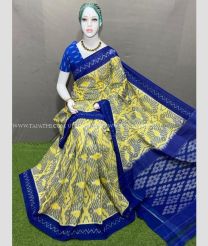 Lemon Yellow and Navy Blue color pochampally Ikkat cotton handloom saree with pochampalli ikkat design saree -PIKT0000383