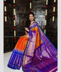 Orange and Purple color pochampally ikkat pure silk handloom saree with all over checks with ikkat handmade jaquard border design -PIKP0019855