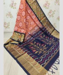Peach and Black color Ikkat sico handloom saree with all over pochamally design -IKSS0000269