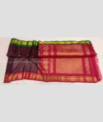 Brown Green and Red color gadwal sico handloom saree with temple border saree design -GAWI0000388