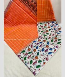 Orange and White color Chenderi silk handloom saree with all over thread weaving checks with kalamkari printed border design -CNDP0014845
