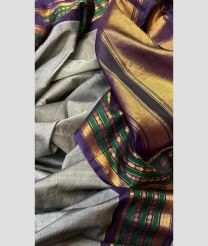 Grey and Purple color gadwal cotton handloom saree with plain with kuthu interlock woven system design -GAWT0000109