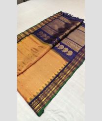 Lite Golden and Navy Blue color gadwal pattu sarees with kuthu border design -GDWP0001784