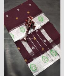 Dark Maroon color Uppada Cotton handloom saree with all over jari checks and buties printed design -UPAT0004002