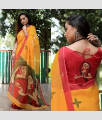 Yellow and Red color linen sarees with digital printed design -LINS0003192