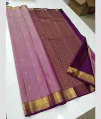 Dust Pink and Plum Purple color kanchi pattu handloom saree with all over buties with double warp border design -KANP0013584