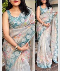 Cream and Coral Blue color Organza sarees with all over digital printed with sequin work design -ORGS0003244