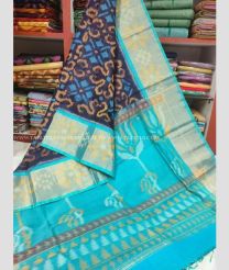 Dark Navy Blue and Blue Turquoise color Ikkat sico handloom saree with pochampalli ikkat design -IKSS0000338