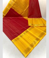 Red and Mango Yellow color kuppadam pattu handloom saree with all over jari checks and buties with kuppadam kanchi border design -KUPP0097087