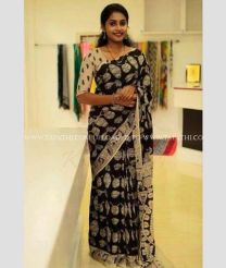 Black and Cream color linen sarees with all over digital printed design -LINS0003710
