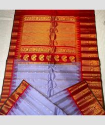 Lavender and Red color gadwal pattu handloom saree with all over woven checks and buties including meenakari with kanchi kuthu temple kothakoma border design -GDWP0001713