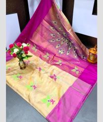 Cream and Pink color Uppada Tissue handloom saree with all over printed buties design -UPPI0001433