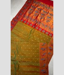 Mehendi Green and Red color gadwal pattu handloom saree with all over meenakari buties with dual turning border design -GDWP0001629