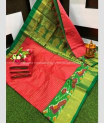 Red and Dark Green color Chenderi silk handloom saree with all over checks and pochampally border design -CNDP0014228