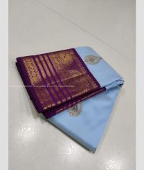 Sky Blue and Chocolate color kanchi pattu handloom saree with hand weaven saree with 2g jari traditional korvai partten design -KANP0011814
