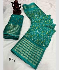 Teal and Golden color silk sarees with all over printed with 5inch jacquard border design -SILK0017573