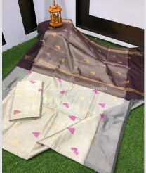 Cream and Brown color Uppada Tissue handloom saree with all over dollar buties saree design -UPPI0000384