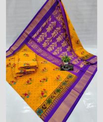 Mango Yellow and Purple color Chenderi silk handloom saree with all over printed design with temple border -CNDP0014036
