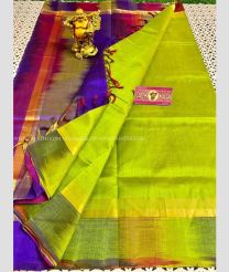 Purple Blue and Parrot Green color Kollam Pattu handloom saree with plain with ikkat border design -KOLP0001470