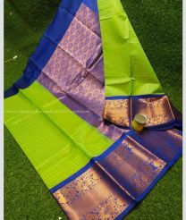 Parrot Green and Navy Blue color Chenderi silk handloom saree with all over small checks with kanchi border saree design -CNDP0012101