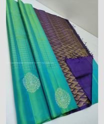 Turquoise and Purple color soft silk kanchipuram sarees with all over buties and checks with double warp border design -KASS0000982